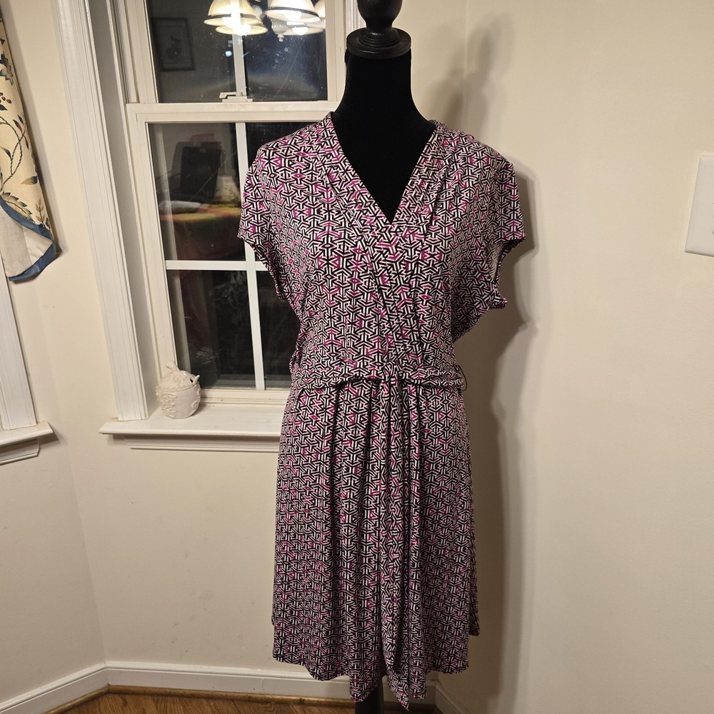 Liz Claiborne Purple White Black Geometric Stretch‎ V-Neck Fit Flare Dress Sz XL